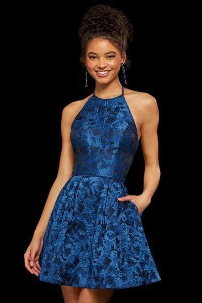 Price Drop Sherri Hill - Halter Neck Short Dress 53070 - 1 pc Navy Print In Size 6 Available Price Drop Sherri Hill - Halter Neck Short Dress 53070 - 1 pc Navy Print In Size 6 Available