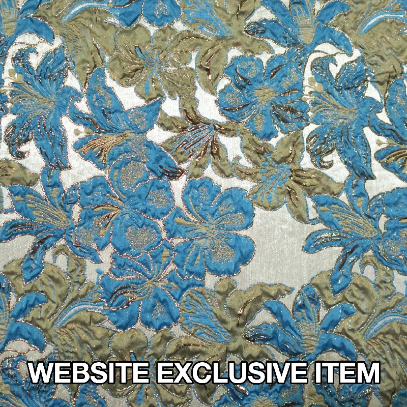 While Supplies Last Metallic Background with Aqua Floral Textured Brocade Fabric