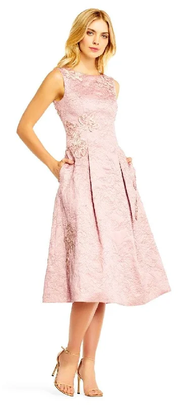 Stock Clearance Aidan Mattox Bateau Neck Floral Tea-Length Dress MD1E201386 - 1 pc Blush In Size 2 Available