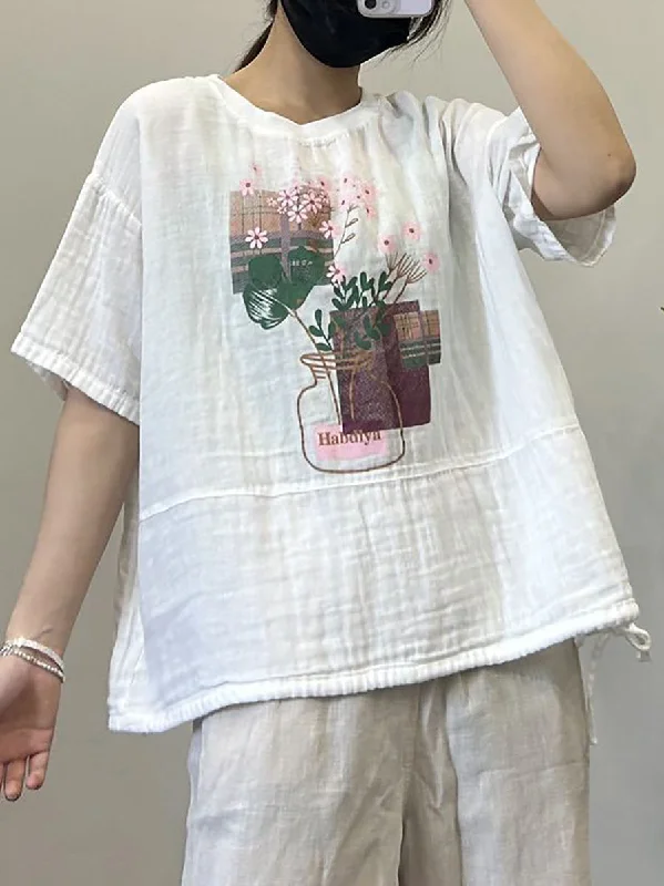 Bargain Blast Women Summer Casual Print Strap Hem Cotton Shirt LL027