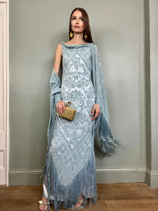 Online Only Lola, duck egg devoré fringed dress and jacket