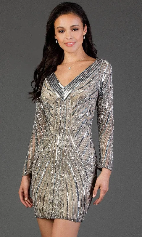 Bonus Savings SCALA - Sequined Long Sleeve V-neck Sheath Dress 60056 - 1 pc Lead/Sil In Size 12 Available Bonus Savings SCALA - Sequined Long Sleeve V-neck Sheath Dress 60056 - 1 pc Lead/Sil In Size 12 Available