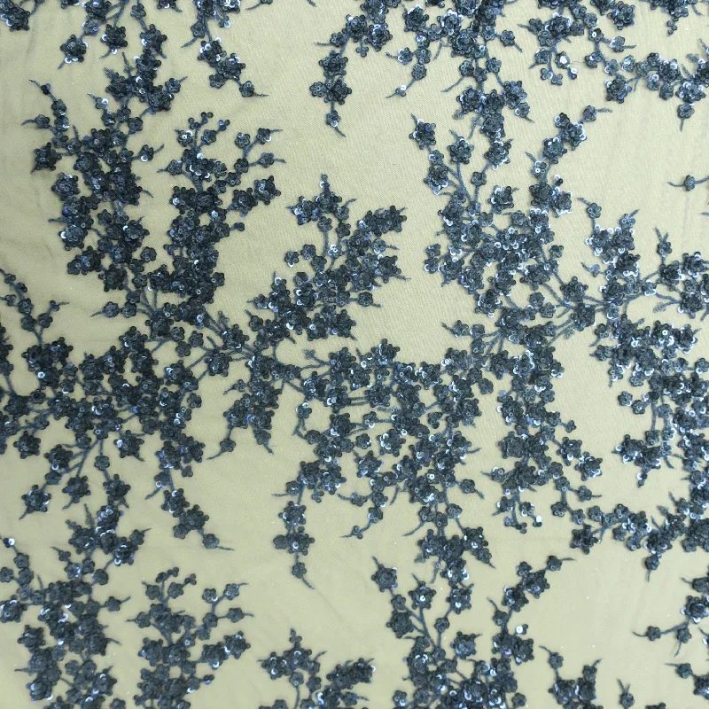 Clearance Items Navy Floral Beaded Embroidered Tulle Fabric