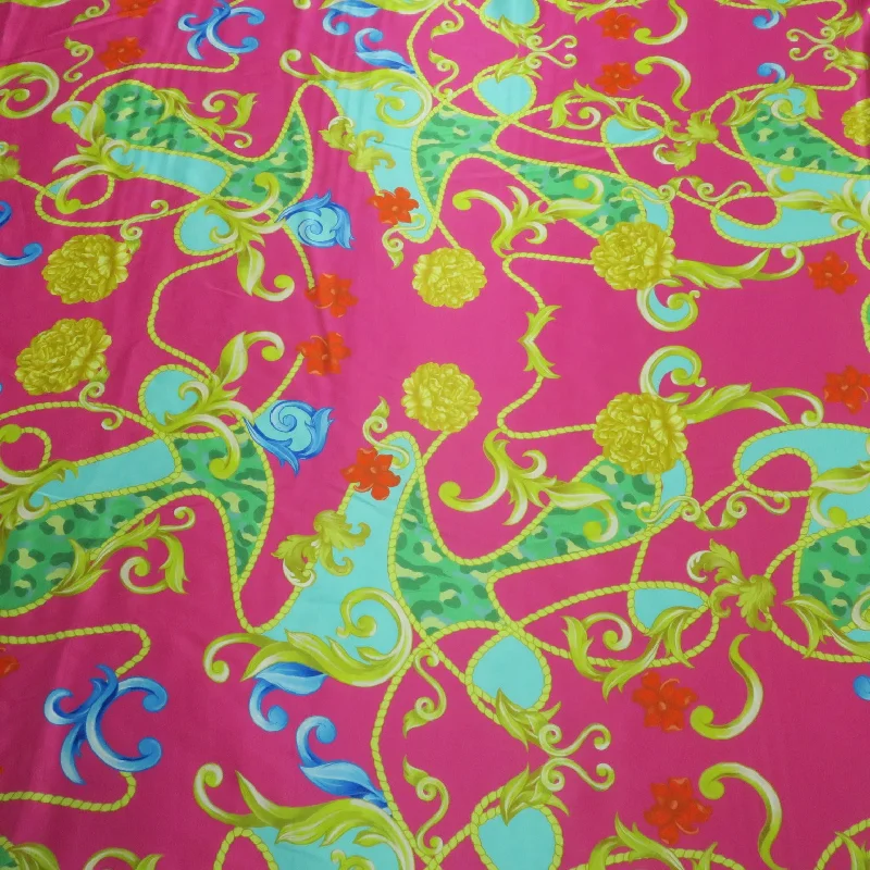 Referral Discount Floral Gold and Light Blue in a Fuchsia Background Printed Silk Charmeuse Fabric Referral Discount Floral Gold and Light Blue in a Fuchsia Background Printed Silk Charmeuse Fabric