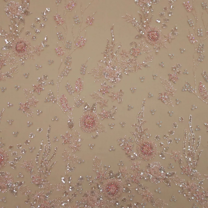 Stock Up and Save Semi Blush Crystals Sequins and Bugle Beads Floral Embroidered Tulle Fabric Stock Up and Save Semi Blush Crystals Sequins and Bugle Beads Floral Embroidered Tulle Fabric