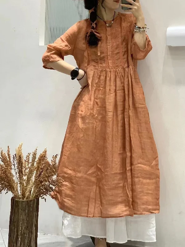 Steals and Deals Women Summer Solid Artsy Lace Spliced Ramie Dress AS1025