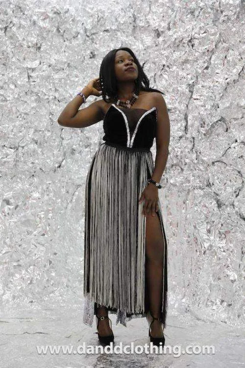 Hurry In Party Black Dress with Silver Stripes