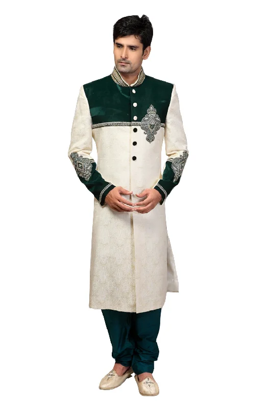 Loyalty Reward Traditional Bottle Green And Cream Banarasi Silk And Brocade Indian Wedding Sherwani For Men