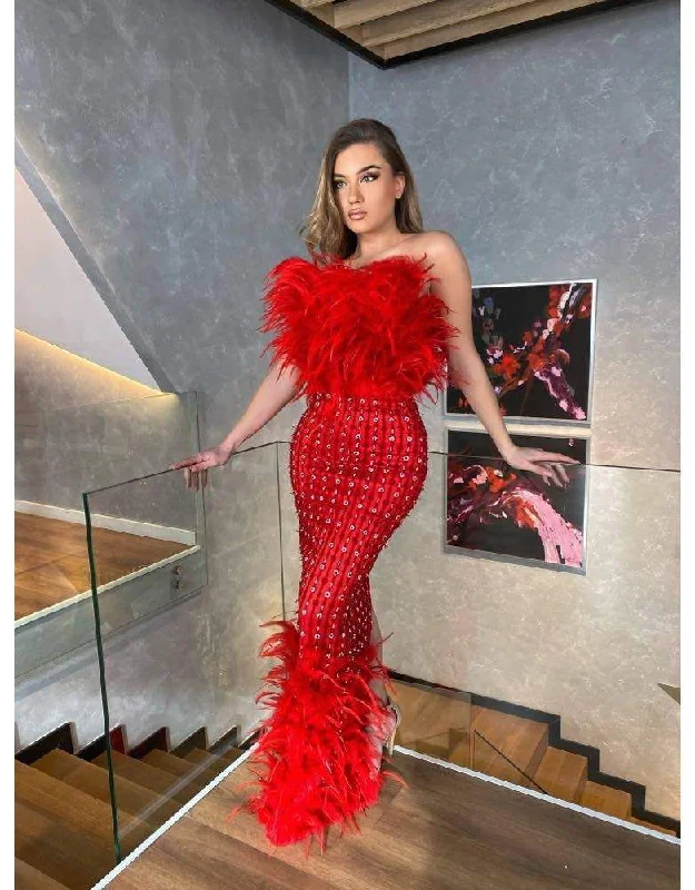 Closeout Luxury Evening Dress Red Fur