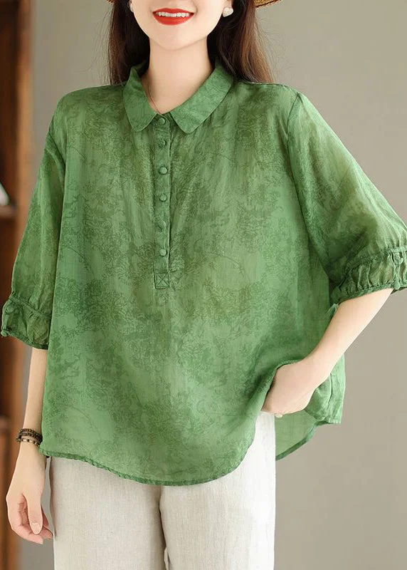 Overstock Women Green Button Print Linen Shirt Summer GG052