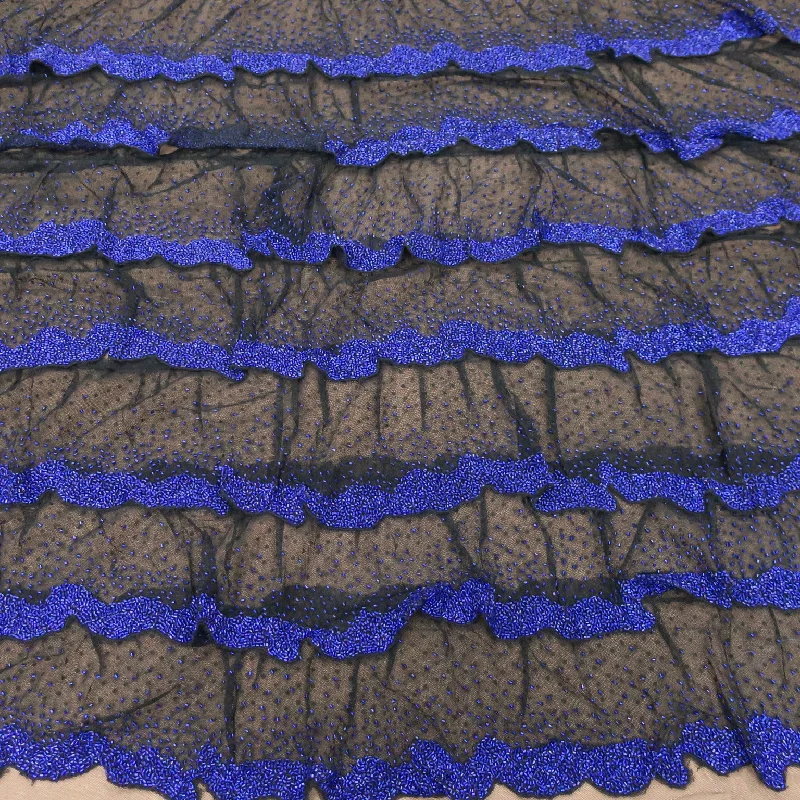 Price Slash Black with Blue Abstract Embroidered Tulle Fabric