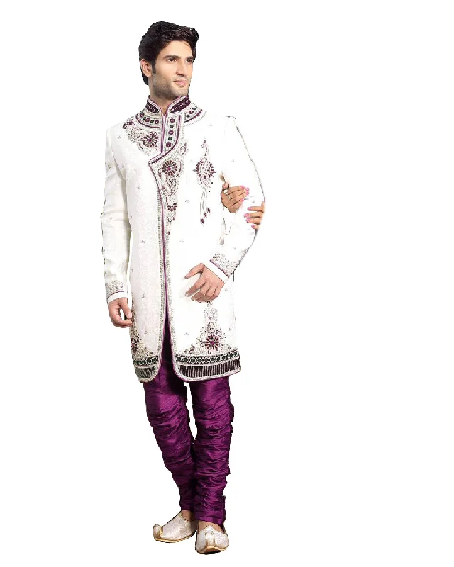 Don’t Miss Out Admirable White Jacquard Silk Indian Wedding Sherwani For Men