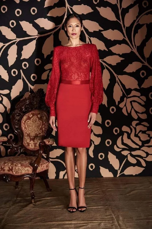 Members Only Tadashi Shoji - Long Cuffed Sleeve Lace Bodice Cocktail Dress - 1 pc Flame/Nude In Size 8 Available Members Only Tadashi Shoji - Long Cuffed Sleeve Lace Bodice Cocktail Dress - 1 pc Flame/Nude In Size 8 Available