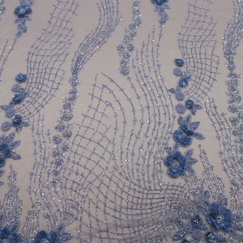 Don’t Miss Out Light Blue Bugle Beads Floral Embroidered Tulle Fabric