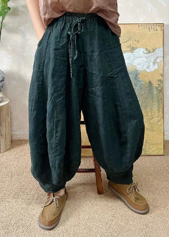 Deal of the Day Plus Size Blackish Green Elastic Waist Linen Lantern Pants Summer FF037