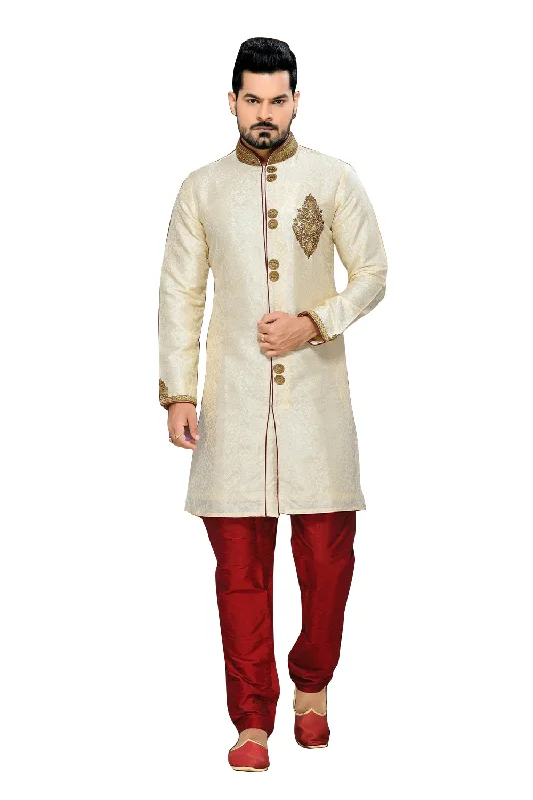 Blowout Sale Classic Cream Art Silk Indian Wedding Sherwani For Men