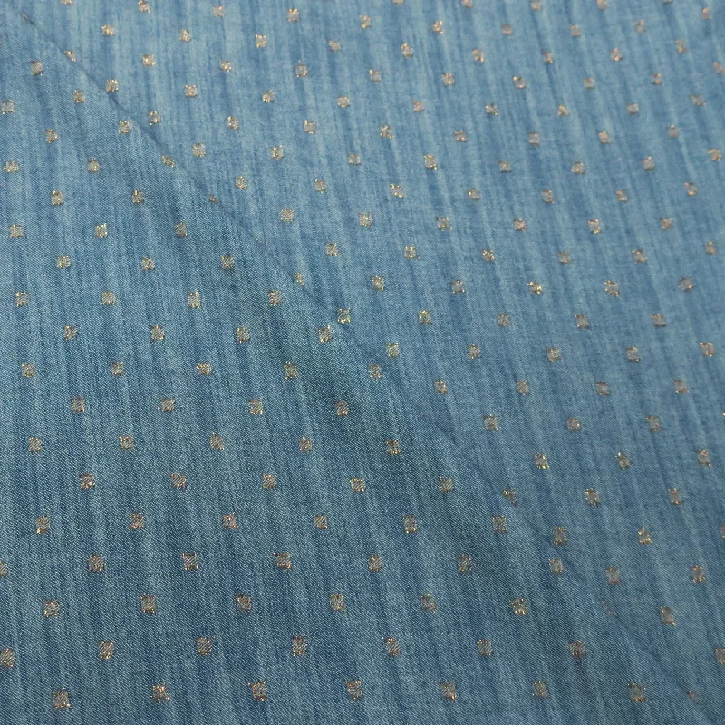 New Deals Blue with Polka Dots in Gold Cotton Denim Fabric