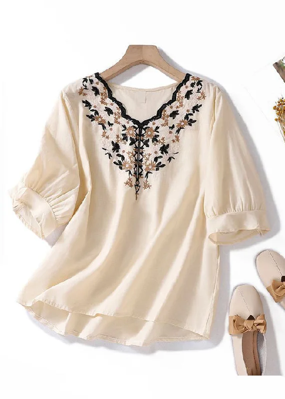 Members Only Women Apricot V Neck Embroidered Linen T Shirt Summer GG004
