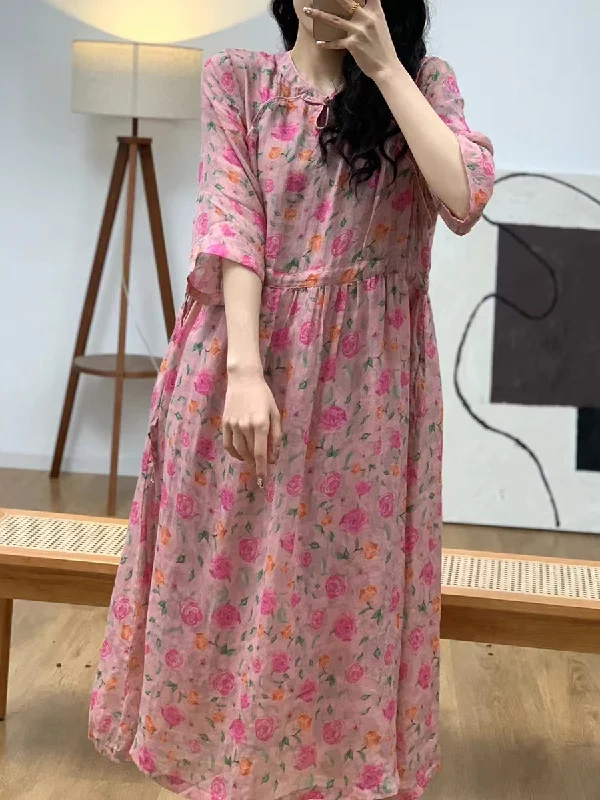 Members Only Women Summer Artsy Floral Ramie Loose Dress KL1029