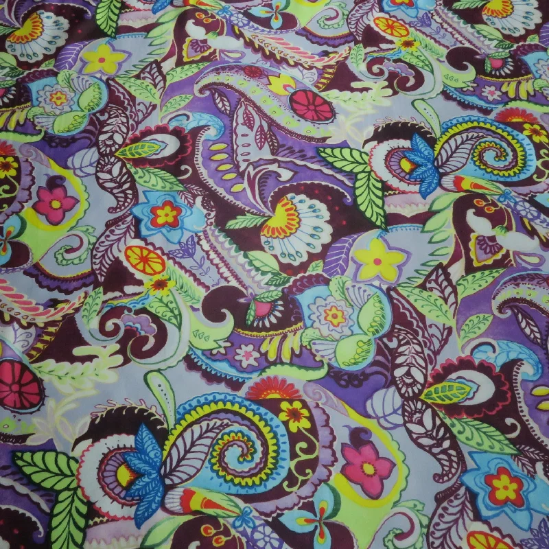 Today Only Paisleys and Floral Purple Printed Silk Charmeuse Fabric