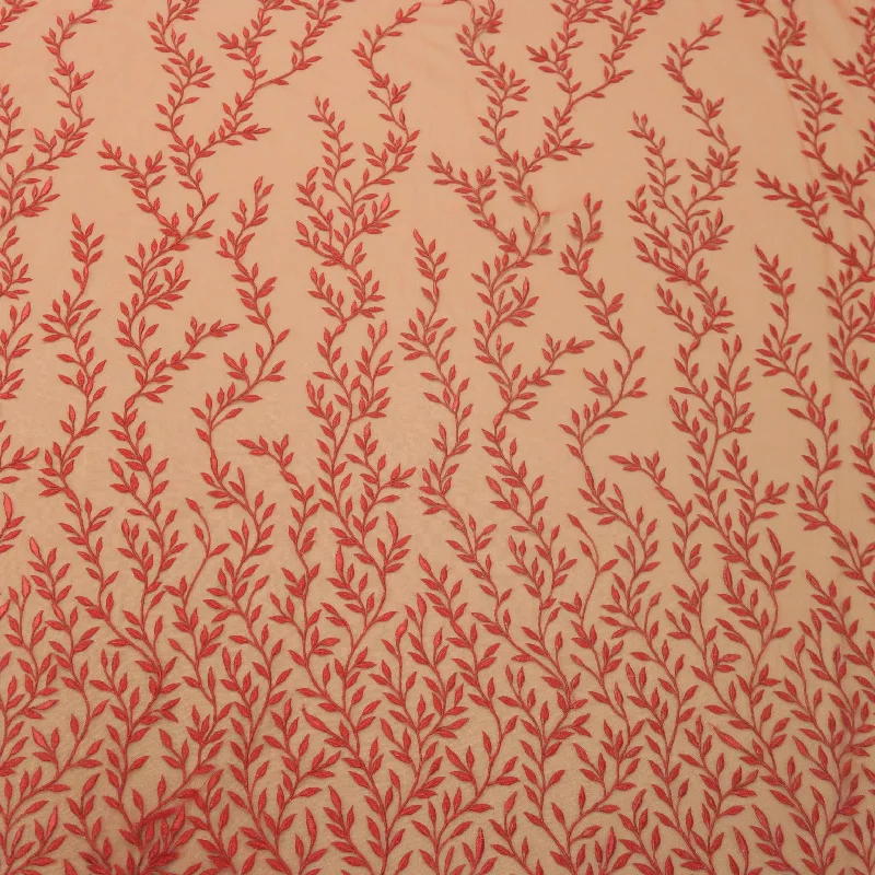 Price Drop Cherry Red Floral Embroidered Tulle Fabric