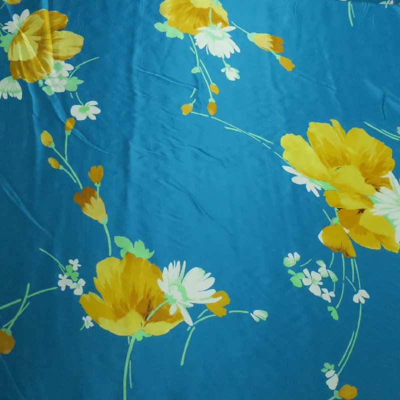 Bargain Bin Aqua with Floral Pattern in Yellow Printed Silk Charmeuse Fabric