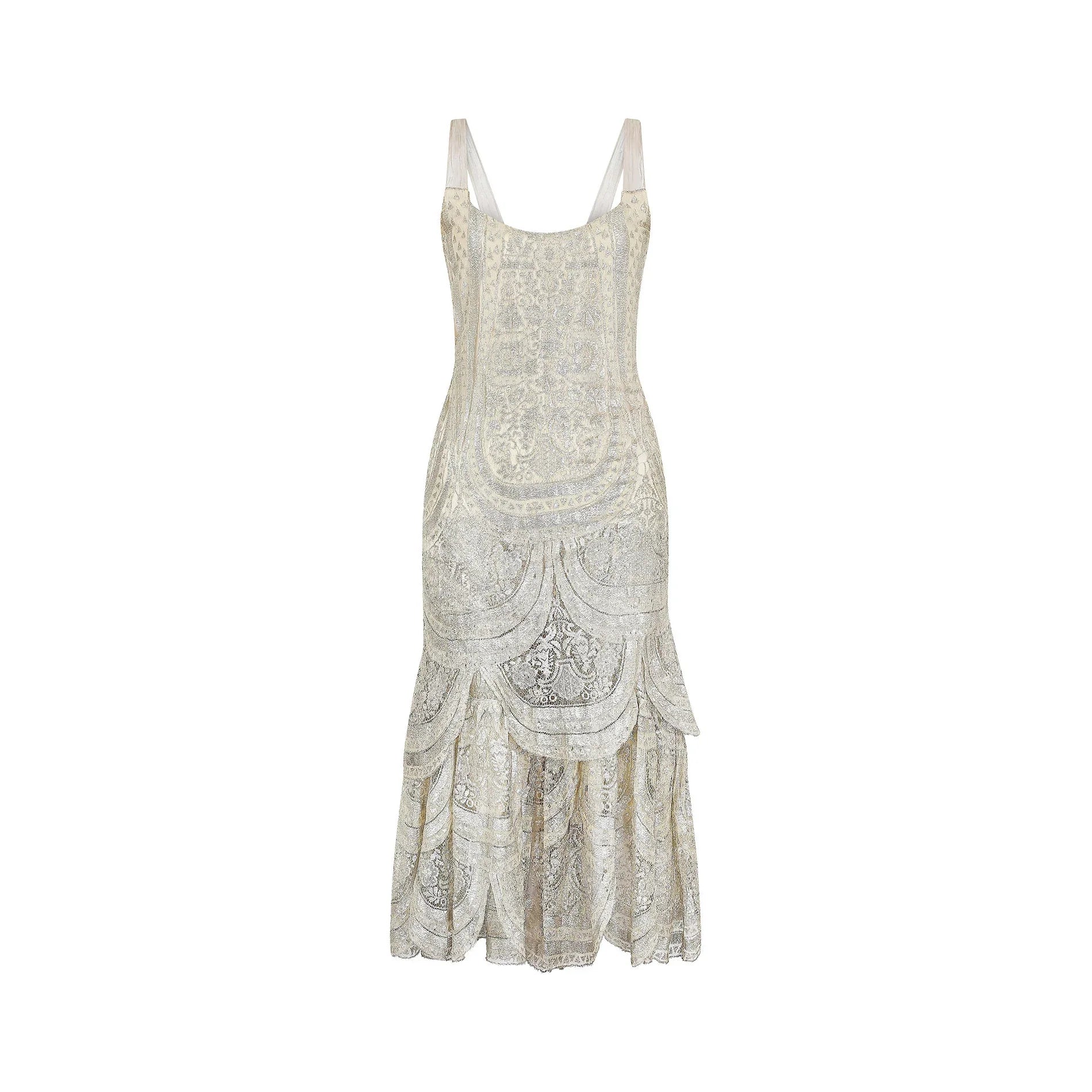 Discount Deals 1920s Silver Cobweb Lame Flapper Culottes Dress
