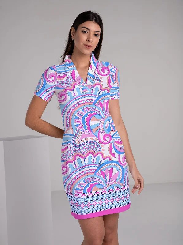 Online Specials Mind Game Print Cotton Knit Half Sleeve Ruffle Portrait Neck Dress
