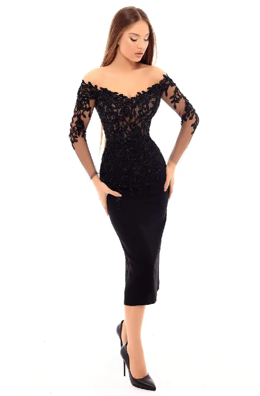 Act Now Tarik Ediz - Beaded Off-Shoulder Tea Length Fitted Dress 93615 - 1 pc Black In Size 16 Available Act Now Tarik Ediz - Beaded Off-Shoulder Tea Length Fitted Dress 93615 - 1 pc Black In Size 16 Available