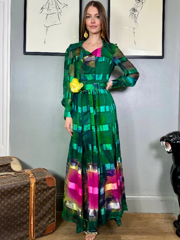 Special Price Tabitha, 70s emerald green silk hand painted dress