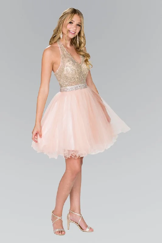 Buy Now Elizabeth K - GS2382 Gold Applique Halter V-neck Tulle A-line Dress