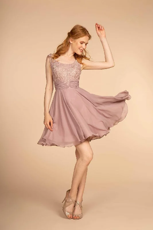 Super Deal Elizabeth K - GS1612 Embroidered Pleated Waist Cocktail Dress