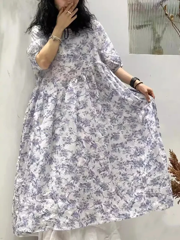 Huge Savings Women Summer Artsy Florla O-neck Loose Ramie Dress TY1035