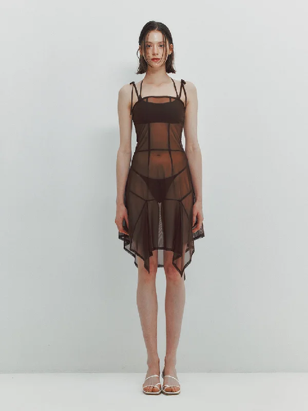 Super Deal [MEENDERI] SS 24 ASYMMETRIC MESH DRESS - BROWN