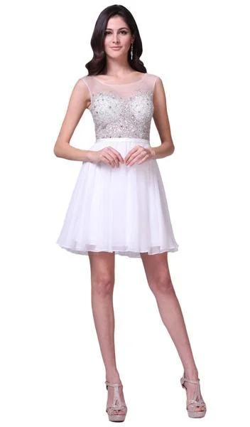 Can't Miss Cinderella Divine - CJ90S Sheer Illusion Neckline Beaded Chiffon Cocktail Dress - 1 pc Off White In Size 8 Available