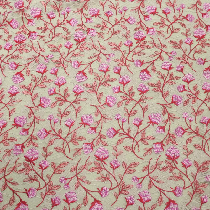 Deal Alert Light Pink with Red Accents Corded Embroidered Tulle Fabric