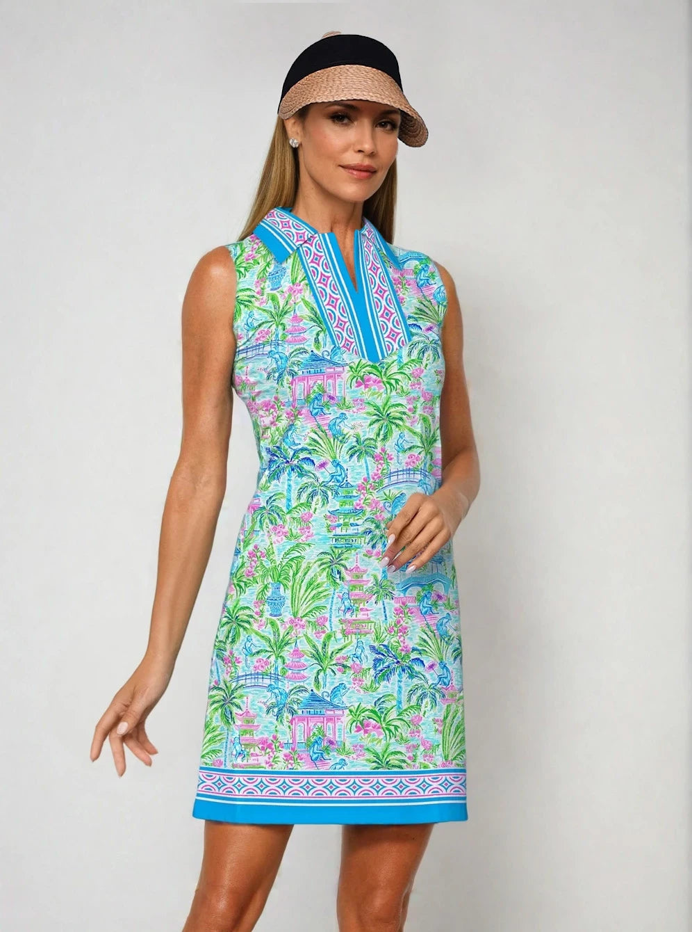 Shop and Save Monkey Business Print Cotton Knit Sleeveless Polo Dress
