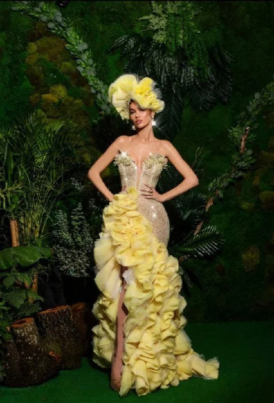 Price Smash Luxury Evening Dress Yellow with Headgear