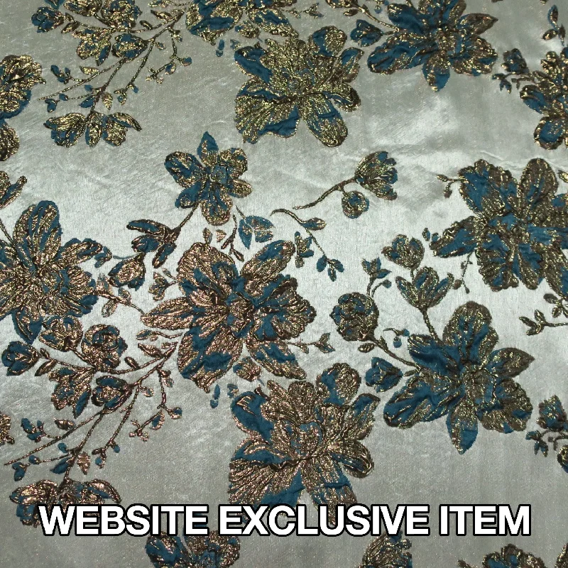 Weekend Flash Sale Silver Metallic Background with Teal Floral Textured Brocade Fabric Weekend Flash Sale Silver Metallic Background with Teal Floral Textured Brocade Fabric