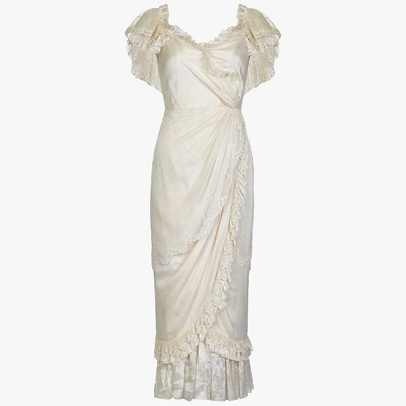 Discount Deals Andrea Wilkin 1970s Silk Ivory Fantasy Bridal Dress in Edwardian Style