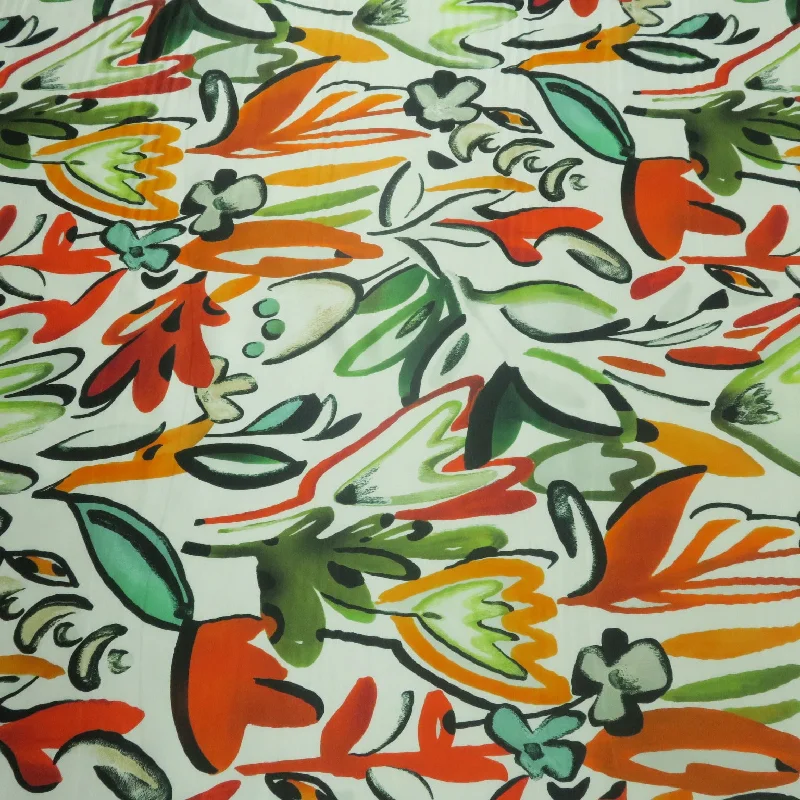 Limited Stock Orange and Green Florals on a White Background Printed Silk Charmeuse Fabric