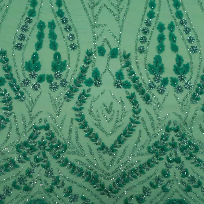 Exclusive Online Offer Green Bugle Beads Floral Embroidered Tulle Fabric
