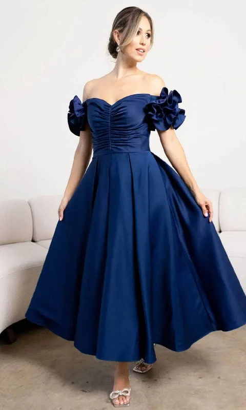 Discount Days Terani Couture 241C2334 - Off-Shoulder Ruffled Detail Tea-Length Dress Discount Days Terani Couture 241C2334 - Off-Shoulder Ruffled Detail Tea-Length Dress