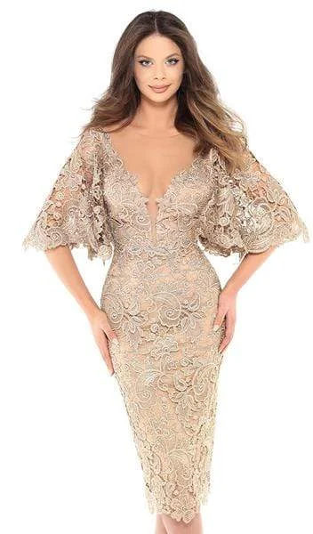 Special Price Tarik Ediz - 93740 Floral Lace Bat Sleeve Illusion Plunging Neck Sheath Dress - 2 pcs Gold In Sizes 4 and 10 Available