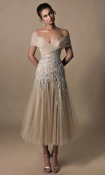 Special Discount Tarik Ediz - Off Shoulder Tulle A-line Cocktail Dress 96019