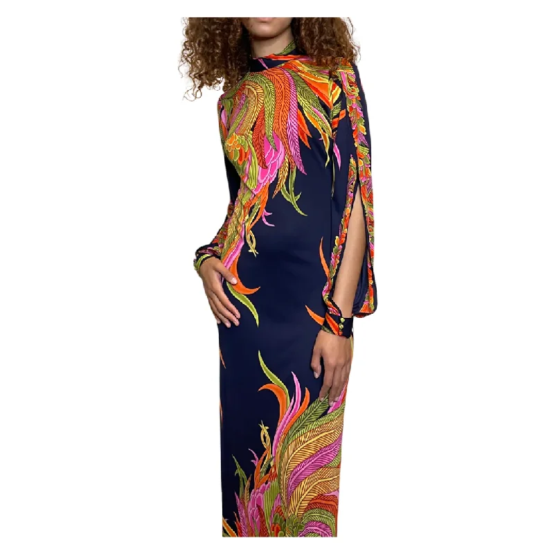 Value Deals 1970'S Original Vintage Navy Floral & Palm Print Maxi Dress Uk 8 - 10