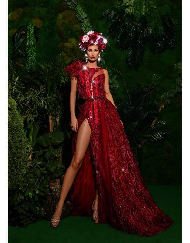 Quick Sale Luxury Evening Gown Maroon with Headgear