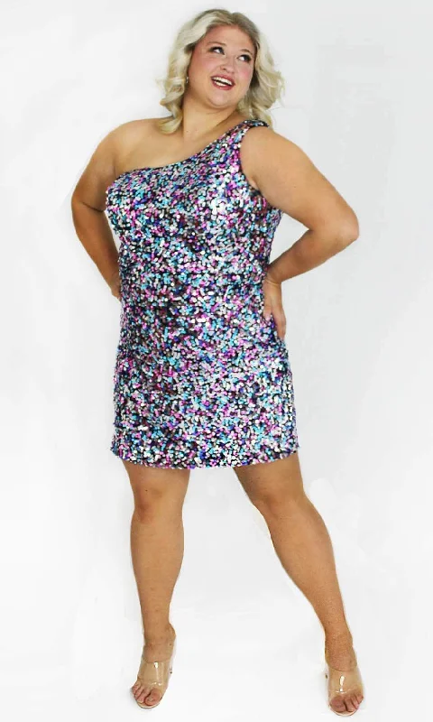 Great Bargains Sydney's Closet SC8135 - Asymmetric Neck Shimmer Cocktail Dress