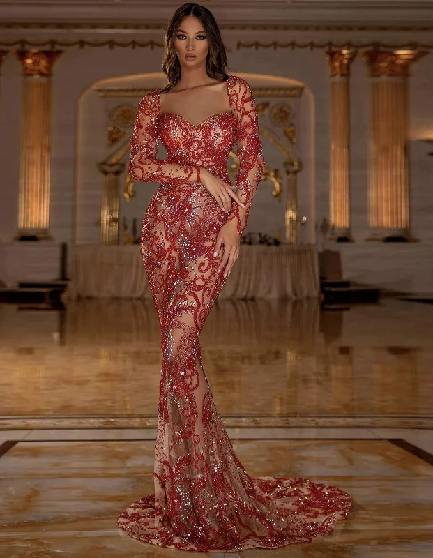 Bonus Savings Red Beaded Evening Dress