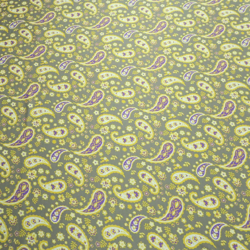 Savings Alert Yellow and Purple Paysleis with Grey Background Charmeuse Polyester Fabric